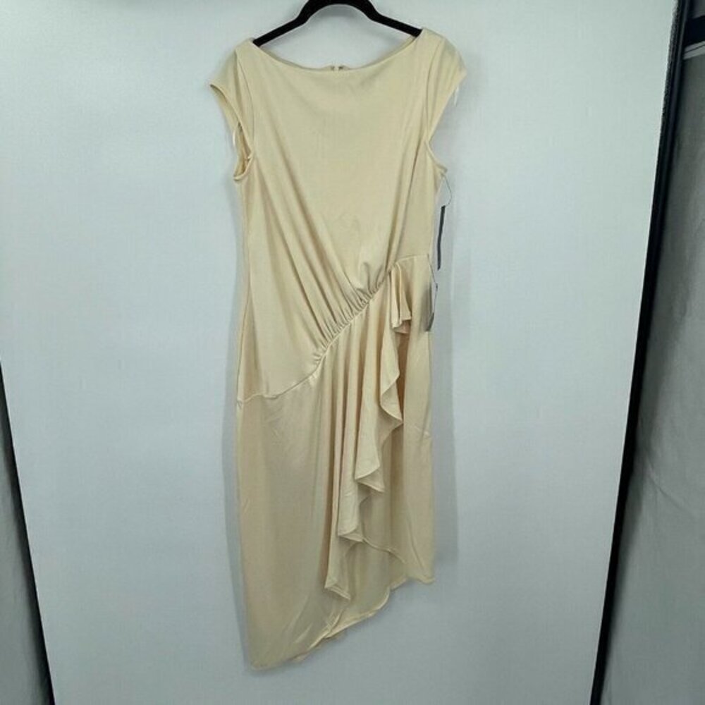 Maggy London Womens Dress 8P Petites Cream Ruffle Sleeveless Sheath Business